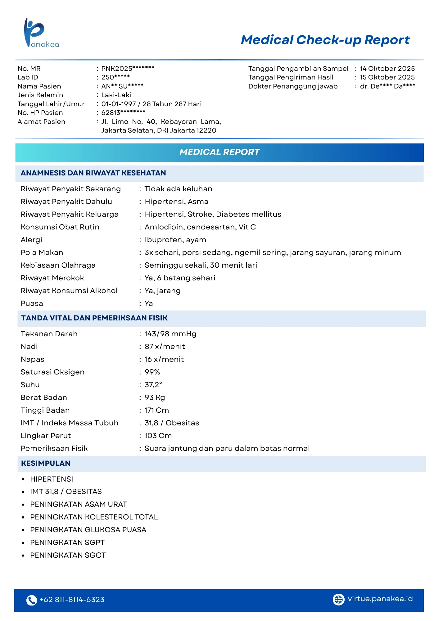 Contoh hasil medical check-up digital dari Panakea Virtue